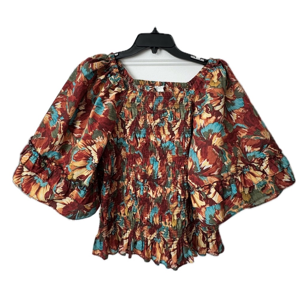 Cato Boho Floral Peplum Top Smocked Bell Sleeve Blouse Women’s Large